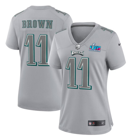Women's Philadelphia Eagles #11 A.J. Brown Gray Super Bowl LVII Patch Atmosphere Fashion Stitched Game Jersey(Run Small)